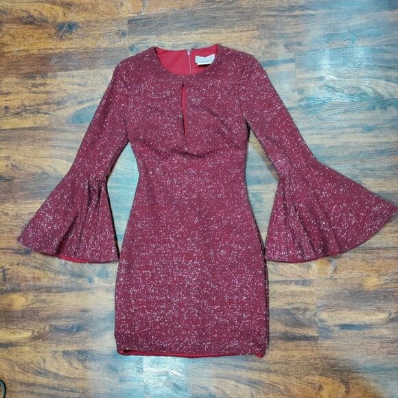 JVN Homecoming Prom Retro 70's Glam Y2K Bell Sleeve Glitter Dress Burgundy XS - Picture 3 of 14